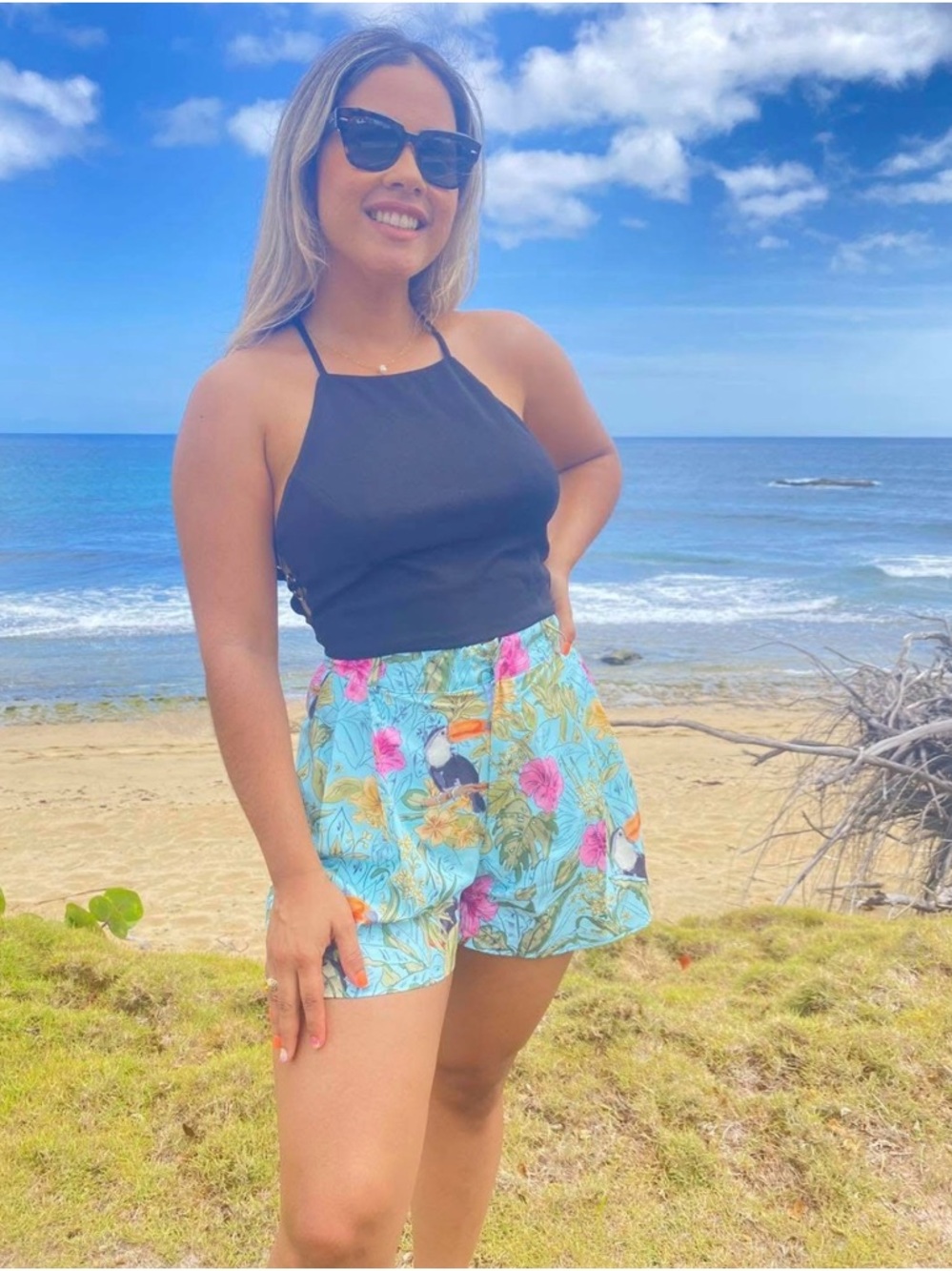 Women’s Tropical Print High-Waist Shorts in Aqua